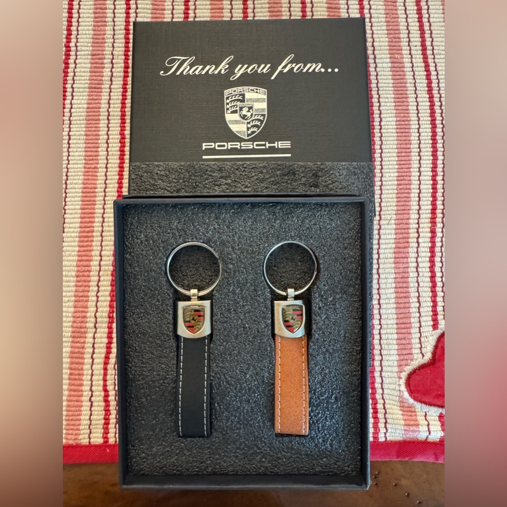 Porsche Black and Brown Leather Keychain Set, New in Box